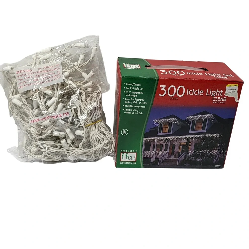 Holiday Wonderland 150 Icicle Light Set Clear White Wire Indoor Outdoor 523084*